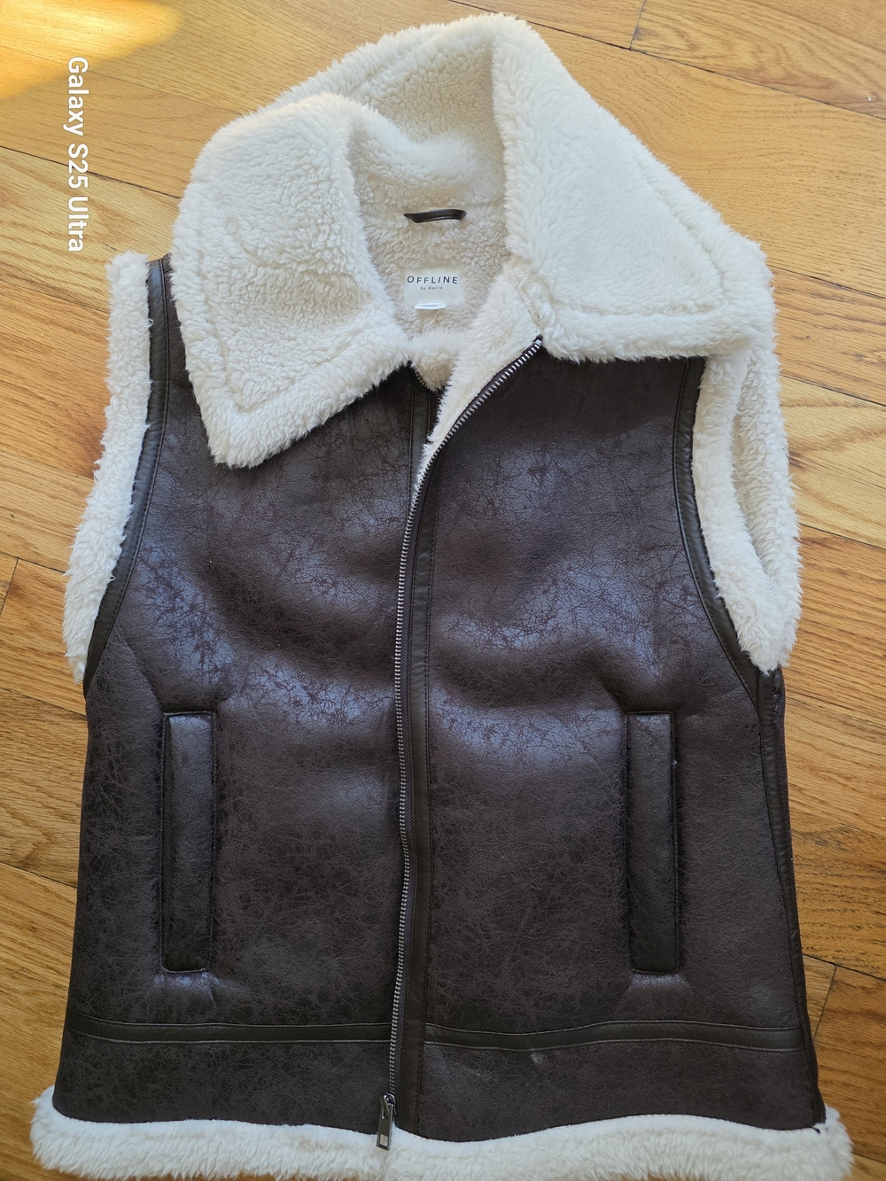 Offline By Aerie Brown Faux-Leather Vest with Cream Sherpa Lining